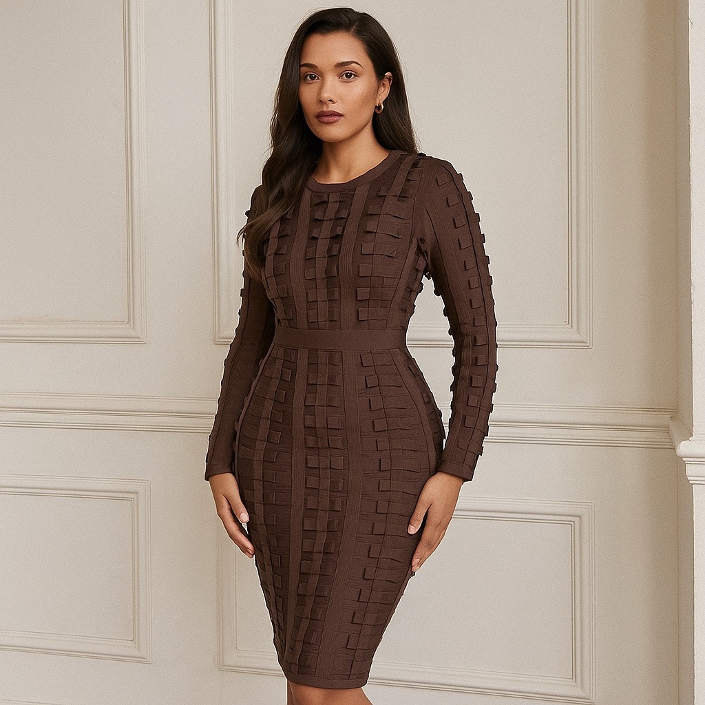 Nwt House Of Cb Lola Woven Pattern Bandage Bodycon Dress Charcoal Brown Small